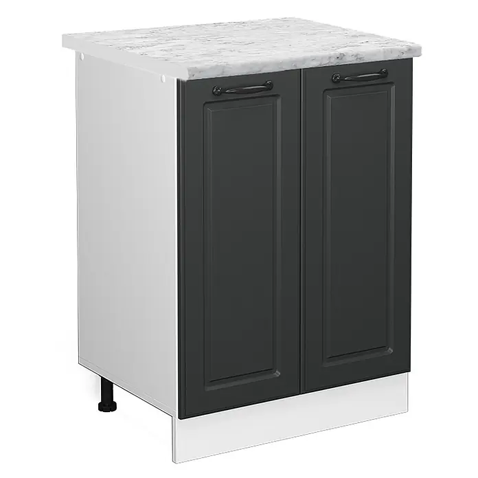 Vicco Schrankküche R-Line Anthrazit Landhaus, AP Marmor - Anthrazit Landhaus, Unterschrank 60 cm, AP Marmor - Küchenunterschrank mit weißer Marmor-Arbeitsplatte, dunkelgrauen Türen, hellgrauer Seitenwand, weißer Sockelblende und schwarzen Füßen.