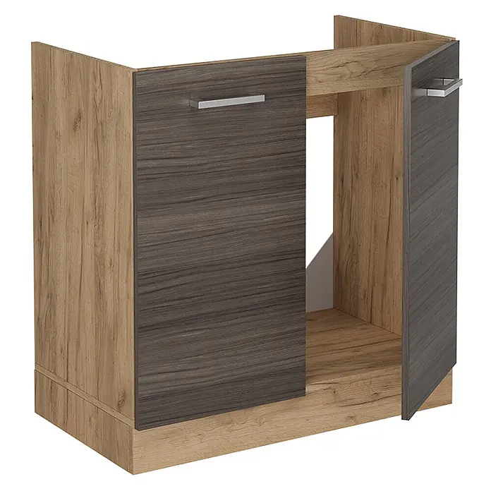 Vicco Schrankküche R-Line Edelgrau, AP Anthrazit - Edelgrau, Spülenunterschrank 80 cm, AP Anthrazit - Zweifarbiger Küchenunterschrank in heller und dunkelgrauer Holzoptik mit Metallgriffen.