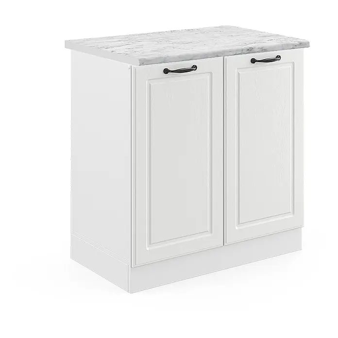 Vicco Schrankküche R-Line Weiß Landhaus, AP Marmor - Weiß Landhaus, Spülenunterschrank 80 cm - Weißer Küchenunterschrank mit zwei Türen, schwarzen Griffen und weißer Marmor-Arbeitsplatte.