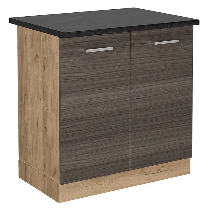 Vicco Schrankküche R-Line Edelgrau, AP Anthrazit - Edelgrau, Spülenunterschrank 80 cm, AP Anthrazit - Zweitüriger Unterschrank mit dunklen Holzmaserungsfronten, hellen Seitenwänden und Sockel sowie schwarzer Arbeitsplatte.