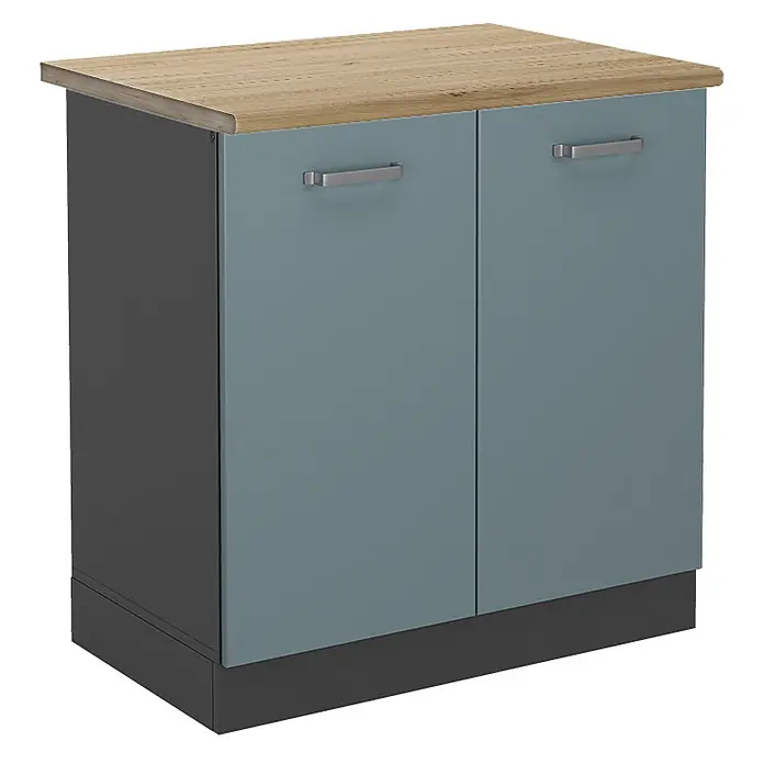 Vicco Schrankküche R-Line Blau-Grau, AP Eiche - Blau-Grau, Spülenunterschrank 80 cm - Zweitüriger Schrank mit heller Holzplatte, blaugrauen Türen und dunkelgrauen Seiten. Metallgriffe.