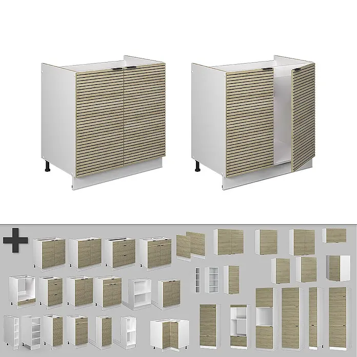Vicco Schrankküche Fame-Line Eiche Paneel ohne Arbeitsplatte - Eiche Paneel, Spülenunterschrank 80 cm - Modulare Küchenschränke mit weißen Korpen und hellen Holzlamellentüren, in verschiedenen Konfigurationen dargestellt.