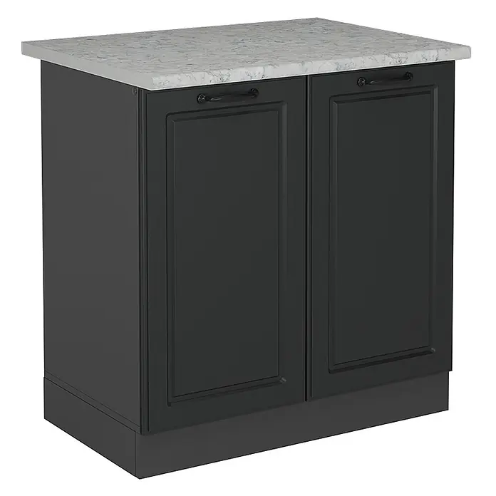 Vicco Schrankküche R-Line Anthrazit Landhaus AP Marmor - Anthrazit Landhaus, Spülenunterschrank 80 cm, AP Marmor - Dunkelgrauer zweitüriger Küchenunterschrank mit weißer Marmoroptik-Arbeitsplatte.