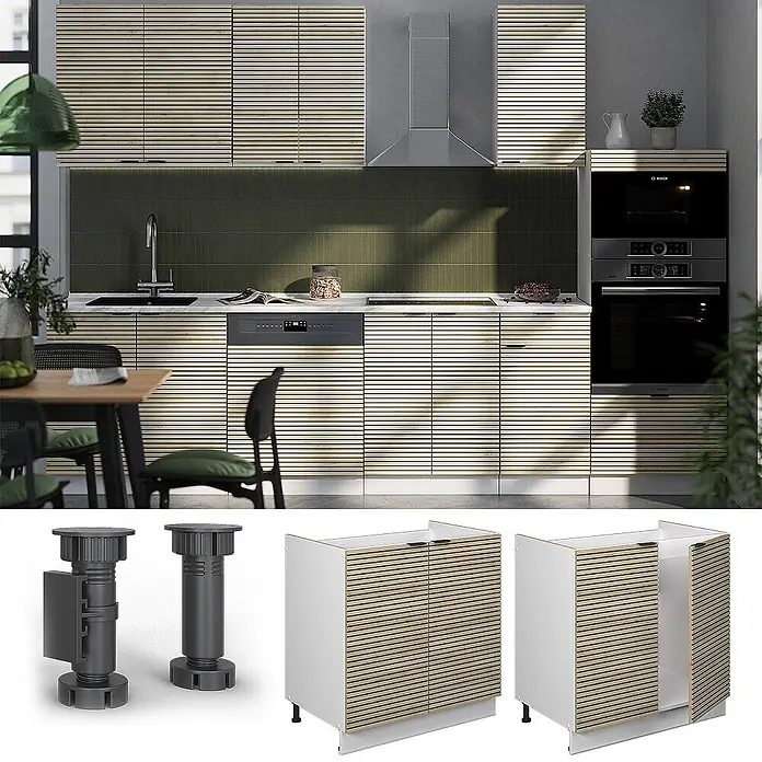 Vicco Schrankküche Fame-Line Eiche Paneel ohne Arbeitsplatte - Eiche Paneel, Spülenunterschrank 80 cm - Moderne Küche mit hellen Lamellenschränken, integrierten Geräten und verstellbaren Schrankfüßen.