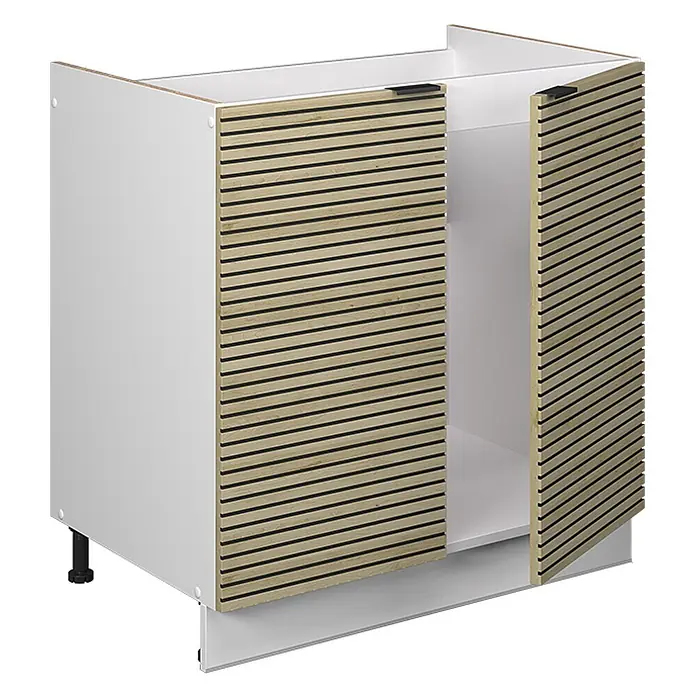 Vicco Schrankküche Fame-Line Eiche Paneel ohne Arbeitsplatte - Eiche Paneel, Spülenunterschrank 80 cm - Weißer Unterschrank mit zwei Lamellentüren in hellem Holz, schwarzen Griffen, schwarzen Füßen und weißer Sockelleiste, mit Innenregal.