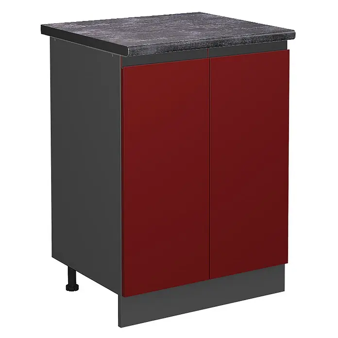 Vicco Küchenunterschrank R-Line, Rot, 60 cm -  - Dunkelgrauer Küchenunterschrank mit roten Türen, dunkler Arbeitsplatte und Sockel.