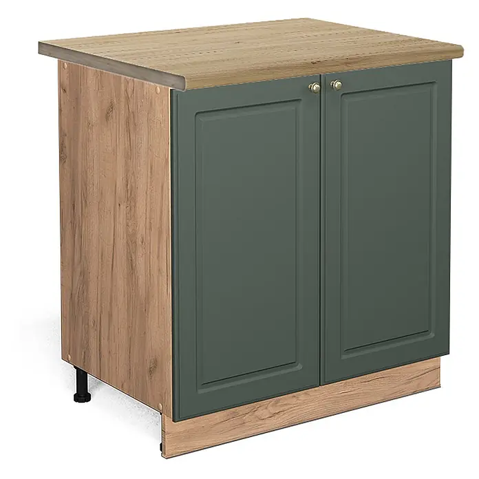 Vicco Schrankküche Fame-Line Grün-Gold Landhaus mit Regal, AP Eiche - Grün-Gold Landhaus, Unterschrank 80 cm, AP Eiche - Kompakter Schrank mit Holzplatte und Seitenwänden, ausgestattet mit zwei dunkelgrünen Rahmentüren und goldfarbenen Griffen.