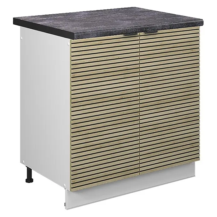 Vicco Schrankküche Fame-Line Eiche Paneel, AP Anthrazit - Eiche Paneel, Spülenunterschrank 80 cm, AP Anthrazit - Unterschrank mit weißen Seiten, lamellenförmigen hellen Holztüren, dunkler Arbeitsplatte und schwarzen Griffen.