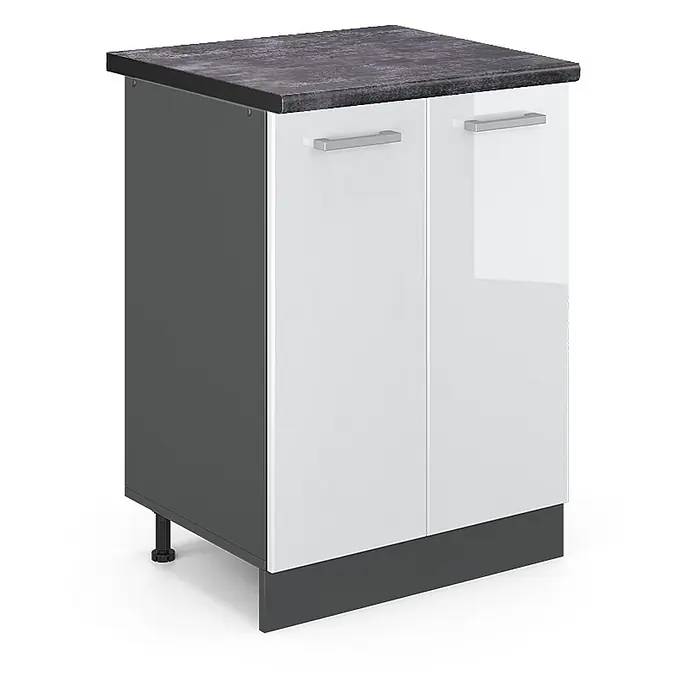 Vicco Schrankküche R-Line Weiß Hochglanz, AP Anthrazit - Weiß Hochglanz, Unterschrank 60 cm, AP Anthrazit - Weißer Hochglanz Küchenunterschrank mit dunkelgrauem Korpus, texturierter Arbeitsplatte und silbernen Griffen.