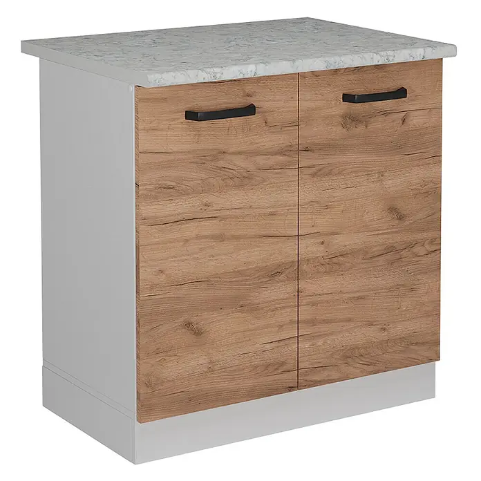 Vicco Schrankküche R-Line Goldkraft Eiche AP Marmor - Goldkraft Eiche, Spülenunterschrank 80 cm, AP Marmor - Zweitüriger Schrank mit hellen Holzmaserungsfronten, hellgrauem Rahmen und weiß gesprenkelter Arbeitsplatte, mit schwarzen Griffen.
