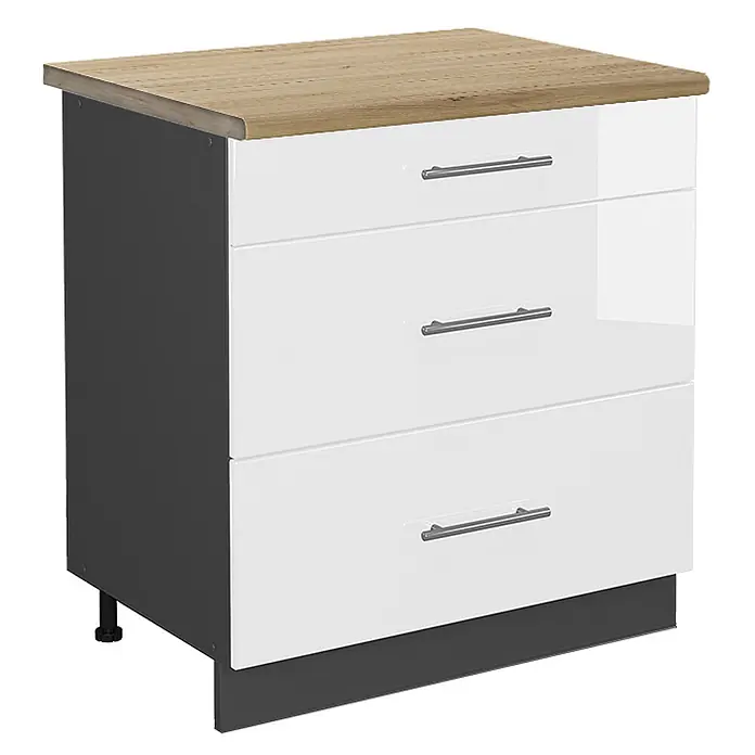 Vicco Schrankküche Fame-Line Grün-Gold Landhaus mit Regal, AP Anthrazit - Grün-Gold Landhaus, Unterschrank 80 cm, AP Anthrazit - Kommode mit Holzplatte, dunkelgrauem Korpus und drei weißen Hochglanzschubladen mit Metallgriffen.