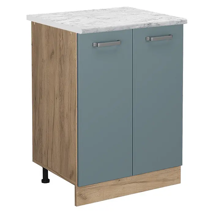Vicco Schrankküche R-Line Blau-Grau AP Marmor - Blau-Grau, Unterschrank 60 cm - Blaugrauer Zweitürerschrank mit weißer Marmor-Effektplatte und hellen Holzmaserungsseiten und -sockel.