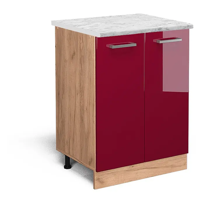 Vicco Schrankküche R-Line Rot Hochglanz AP Marmor - Rot Hochglanz, Unterschrank 60 cm, AP Marmor - Roter, glänzender Küchenunterschrank mit Holzoptik-Seiten, weißer Marmorplatte und silbernen Griffen.