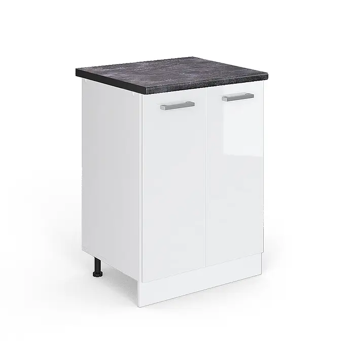 Vicco Schrankküche R-Line Weiß Hochglanz, AP Anthrazit - Weiß Hochglanz, Unterschrank 60 cm, AP Anthrazit - Weißer Küchenunterschrank mit zwei Türen, silbernen Griffen und dunkler Arbeitsplatte. Mit verstellbarem Fuß und Sockelleiste.