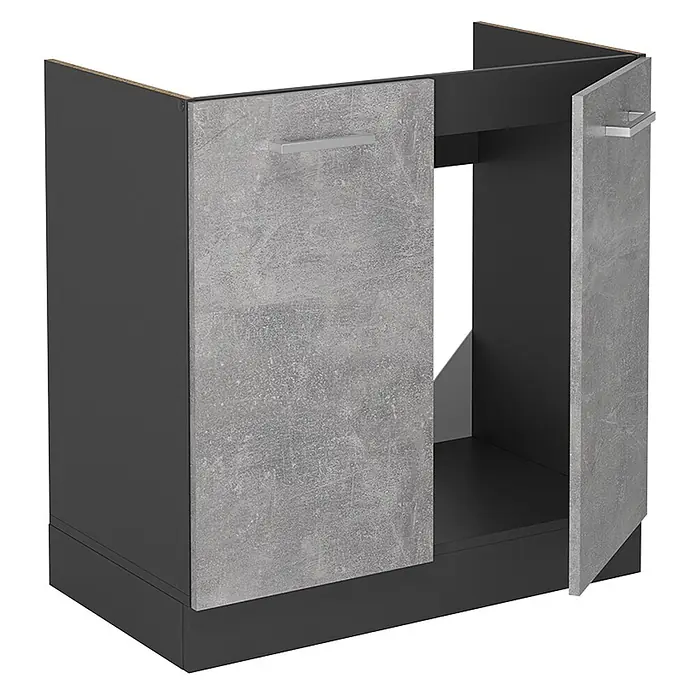 Vicco Schrankküche R-Line Beton AP Marmor - Beton, Spülenunterschrank 80 cm, AP Marmor - Dunkelgrauer Küchenunterschrank mit grauen Betonoptik-Türen, eine offen, und silbernen Stangengriffen.