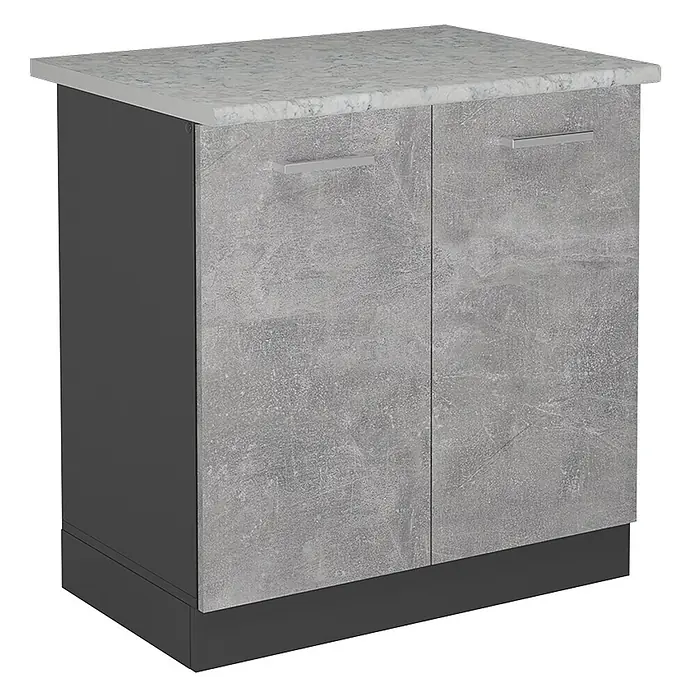Vicco Schrankküche R-Line Beton AP Marmor - Beton, Spülenunterschrank 80 cm, AP Marmor - Grauer Schrank mit Betonoptik-Türen, dunkelgrauem Rahmen und marmorierter Arbeitsplatte.