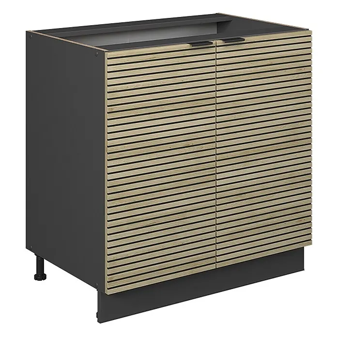 Vicco Schrankküche Fame-Line Eiche Paneel mit Regal, ohne Arbeitsplatte - Eiche Paneel, Unterschrank 80 cm - Dunkelgrauer Küchenunterschrank mit zwei Lamellenholztüren und schwarzen Griffen.