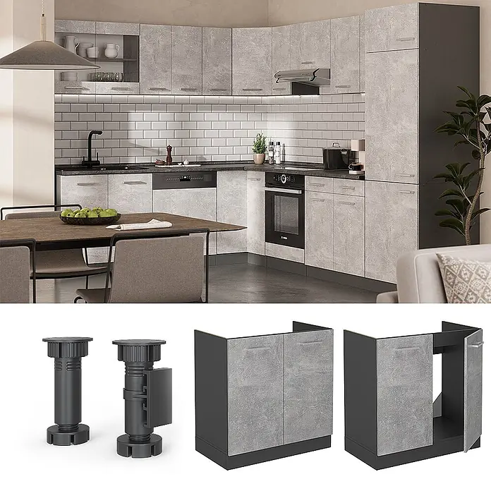 Vicco Schrankküche R-Line Beton AP Marmor - Beton, Spülenunterschrank 80 cm, AP Marmor - L-förmige Küche: hellgraue Betonoptik-Schränke, dunkle Arbeitsplatten, integrierte Geräte. Auch modulare Unterschränke mit verstellbaren Beinen.