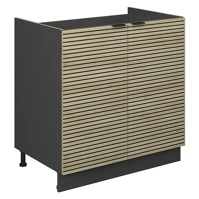 Vicco Schrankküche Fame-Line Eiche Paneel ohne Arbeitsplatte - Eiche Paneel, Spülenunterschrank 80 cm - Zweitüriger Unterschrank mit dunkelgrauem Korpus und hellen Holzlamellentüren, schwarzen Griffen und verstellbaren Füßen.