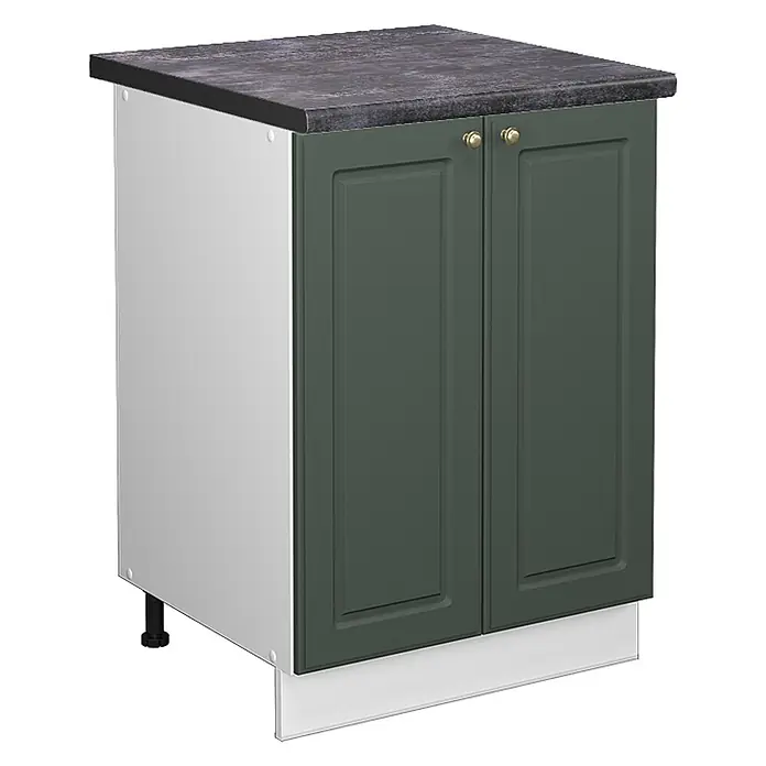 Vicco Schrankküche Fame-Line Grün-Gold Landhaus, AP Anthrazit - Grün-Gold Landhaus, Unterschrank 60 cm, AP Anthrazit - Dunkelgrüner Küchenunterschrank mit dunkler Arbeitsplatte, Messinggriffen und weißer Sockelleiste.
