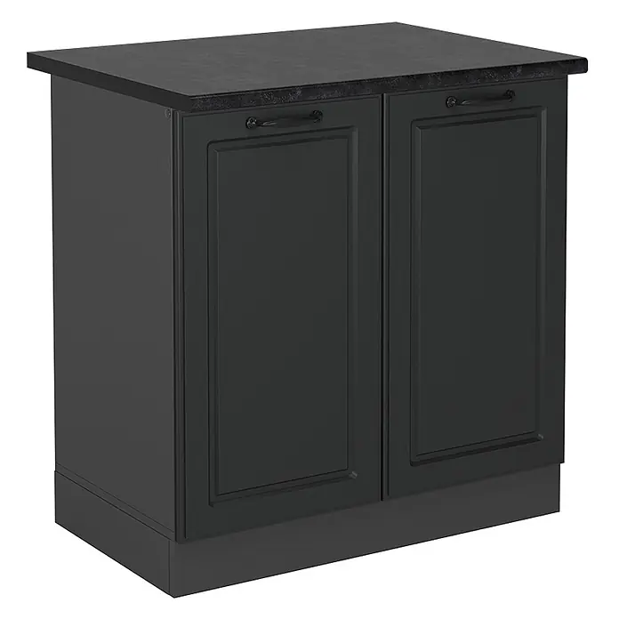 Vicco Schrankküche R-Line Anthrazit Landhaus, AP Anthrazit - Anthrazit Landhaus, Spülenunterschrank 80 cm - Dunkelgrauer zweitüriger Küchenunterschrank mit schwarzer Arbeitsplatte und Griffen.