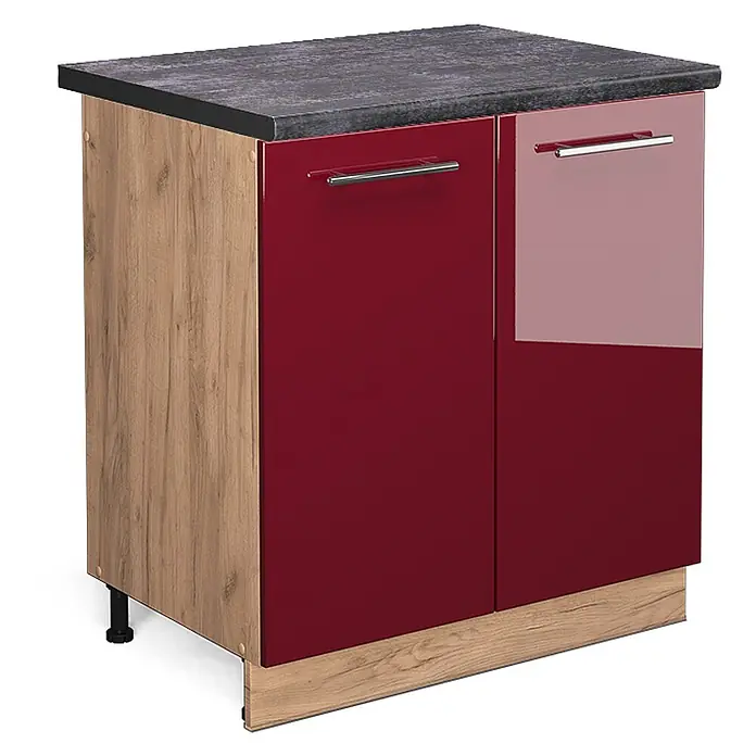 Vicco Schrankküche Fame-Line Bordeaux Hochglanz, AP Anthrazit - Bordeaux Hochglanz, Spülenunterschrank 80 cm, AP Anthrazit - Glänzender roter Küchenunterschrank mit dunkelgrauer Arbeitsplatte, Chromgriffen und Seiten in heller Holzoptik.