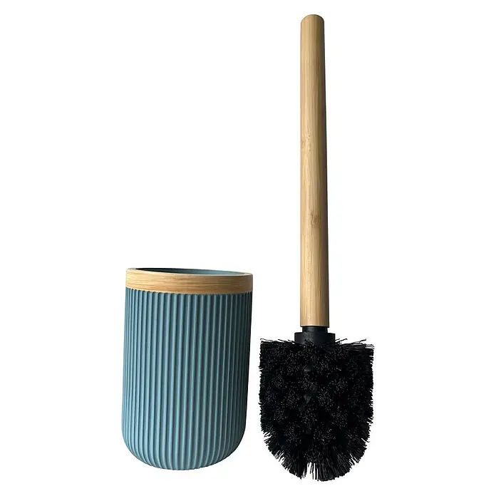 Camargue WC-Bürstengarnitur Ocean Wood - Blau/Bamboo, Rund, Ø x H: 8,8 x 37,3 cm - Modernes Toilettenbürsten-Set mit hellblauem, geripptem Halter und Bambusrand sowie schwarzer Bürste mit Bambusgriff.