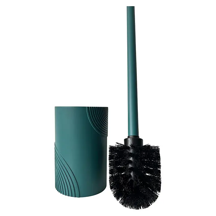 Camargue WC-Bürstengarnitur Design - Petrol, Rund, Ø x H: 8,8 cm x 35,4 mm - Dunkelgrüner Toilettenbürstenhalter mit Wellenmuster und passendem dunkelgrünem Griff mit schwarzer Bürste.