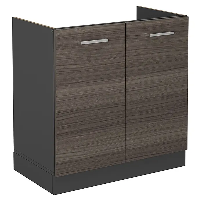 Vicco Schrankküche R-Line Edelgrau ohne Arbeitsplatte - Edelgrau, Spülenunterschrank 80 cm - Dunkler Holzmaserung-Unterschrank mit zwei Türen, silbernen Griffen, dunkelgrauem Rahmen und Sockel.