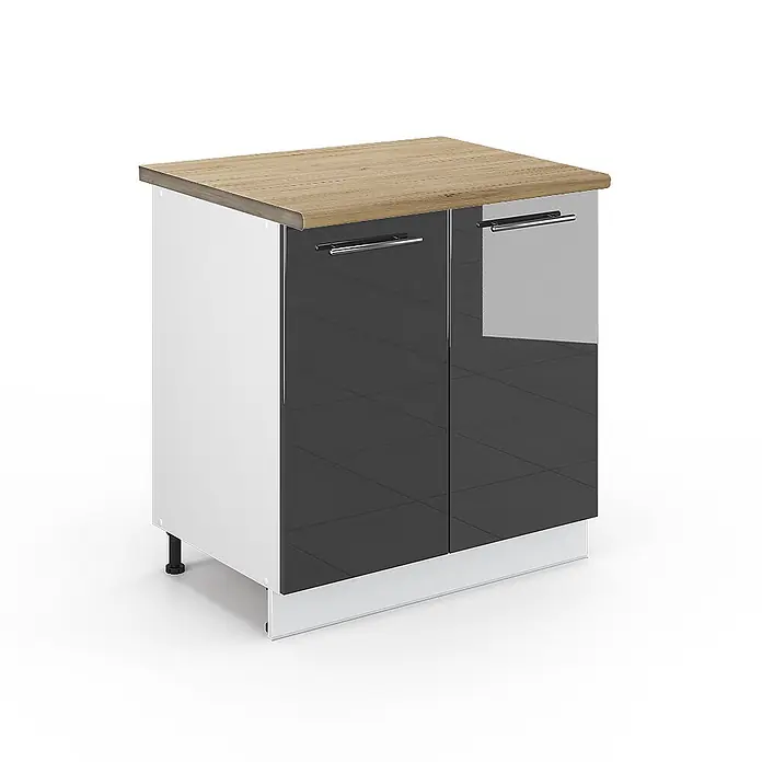 Vicco Schrankküche Fame-Line Anthrazit Hochglanz mit Regal, AP Eiche - Anthrazit Hochglanz, Unterschrank 80 cm - Kleiner Küchenunterschrank mit heller Holzplatte, weißen Seitenwänden und zwei glänzenden dunkelgrauen Türen mit silbernen Griffen.