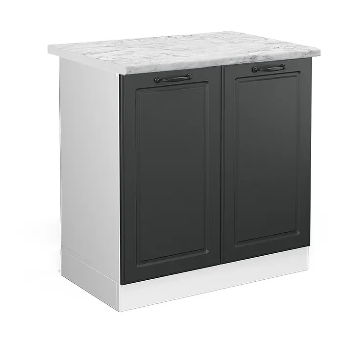 Vicco Schrankküche R-Line Anthrazit Landhaus, AP Marmor - Anthrazit Landhaus, Spülenunterschrank 80 cm, AP Marmor - Weißer Küchenunterschrank mit dunkelgrauen Kassettentüren, schwarzen Griffen, Marmorplatte und weißem Sockel.