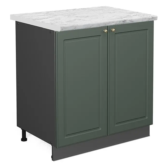 Vicco Schrankküche Fame-Line Grün-Gold Landhaus mit Regal, AP Marmor - Grün-Gold Landhaus, Unterschrank 80 cm, AP Marmor - Dunkelgrüner Küchenunterschrank mit weißer Marmorarbeitsplatte und goldenen Knäufen.