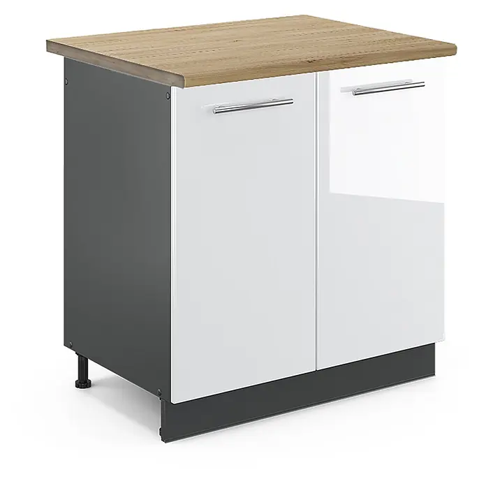 Vicco Schrankküche Fame-Line Weiß Hochglanz, AP Eiche - Weiß Hochglanz, Spülenunterschrank 80 cm, AP Eiche - Zweitüriger Unterschrank mit Holzoptik-Arbeitsplatte, weißen Hochglanztüren und dunkelgrauem Korpus. Mit silbernen Griffen.