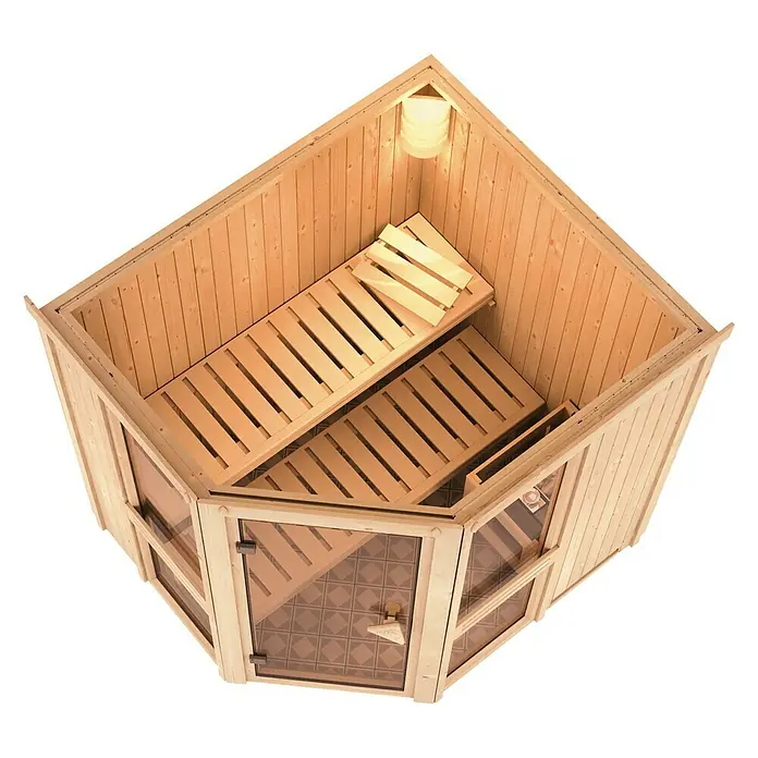 Karibu Elementsauna Amelia 1 - Mit 9 kW Bio-Ofen mit externer Steuerung, Ohne Dackranz, L x B x H: 196 x 170 x 192 cm - Einblick in eine helle Holzsauna mit Bänken und Glastür. Ideal zum Entspannen und Wohlfühlen.