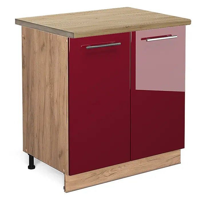 Vicco Schrankküche Fame-Line Bordeaux Hochglanz, AP Eiche - Bordeaux Hochglanz, Spülenunterschrank 80 cm, AP Eiche - Zweitüriger Küchenunterschrank mit Holzoptik-Platte/Seiten und hochglänzenden weinroten Türen mit silbernen Griffen.