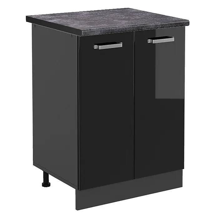 Vicco Küchenunterschrank R-Line, Schwarz Hochglanz, 60 cm -  - Schwarzer Küchenunterschrank mit glänzenden Türen, silbernen Griffen und dunkler, gesprenkelter Arbeitsplatte.