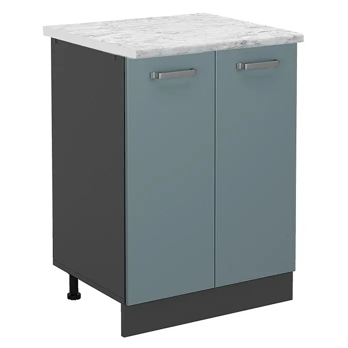 Vicco Schrankküche R-Line Blau-Grau AP Marmor - Blau-Grau, Unterschrank 60 cm, AP Marmor - Blaugrauer Unterschrank mit zwei Türen, silbernen Griffen und weißer Marmor-Arbeitsplatte.