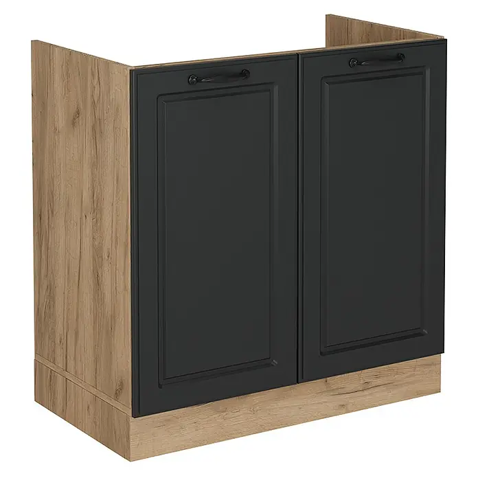 Vicco Schrankküche R-Line Anthrazit Landhaus ohne Arbeitsplatte - Breite: 80 cm, Anthrazit Landhaus, Spülenunterschrank 80 cm - Schwarzer zweitüriger Küchenunterschrank mit Kassettenfronten, Ziergriffen und Eiche-Optik Seiten/Sockel.