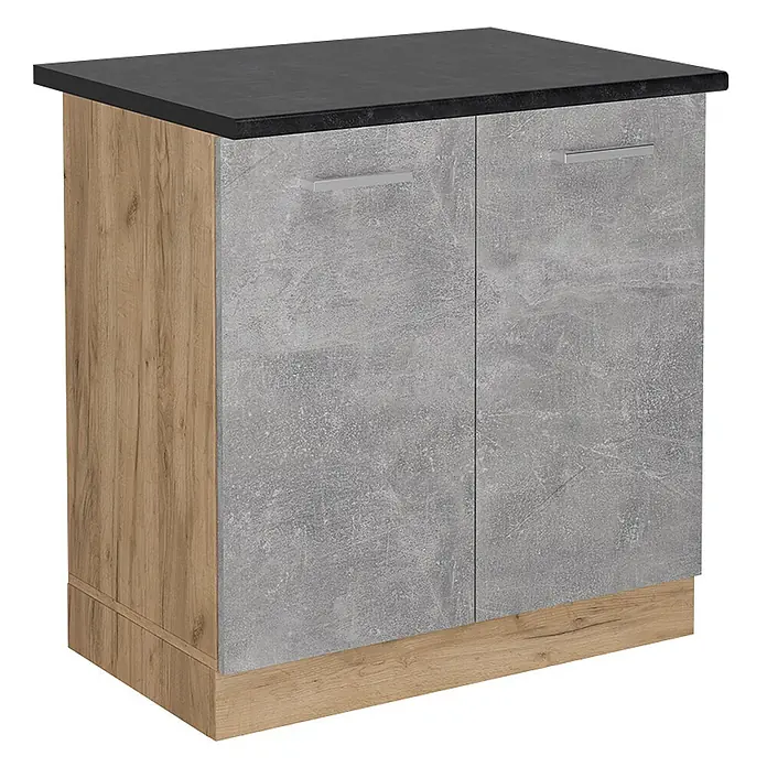 Vicco Schrankküche R-Line Beton, AP Anthrazit - Beton, Spülenunterschrank 80 cm, AP Anthrazit - Kleiner Schrank mit schwarzer Platte, zwei grauen Türen in Betonoptik, silbernen Griffen und hellen Holzseiten/Sockel.