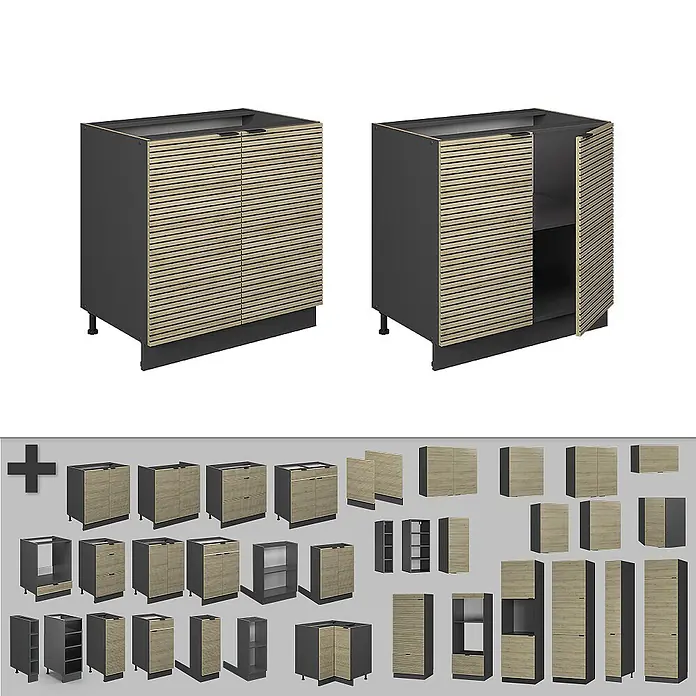 Vicco Schrankküche Fame-Line Eiche Paneel mit Regal, ohne Arbeitsplatte - Eiche Paneel, Unterschrank 80 cm - Modulare Küchenschränke mit dunkelgrauem Korpus und hellen Holzlamellenfronten, in verschiedenen Konfigurationen (Unter-, Wand-, Hochschränke) dargestellt.