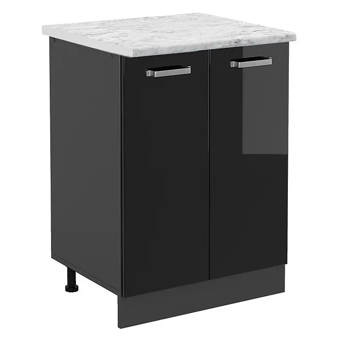 Vicco Küchenunterschrank R-Line, Schwarz Hochglanz, 60 cm -  - Schwarzer Hochglanz-Unterschrank mit zwei Türen, silbernen Griffen und einer weißen Marmorplatte, mit verstellbaren Füßen und Sockel.