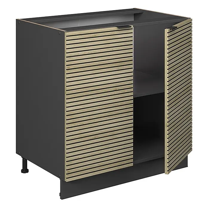 Vicco Schrankküche Fame-Line Eiche Paneel mit Regal, ohne Arbeitsplatte - Eiche Paneel, Unterschrank 80 cm - Dunkelgrauer Küchenunterschrank mit zwei naturholzfarbenen Lamellentüren, eine leicht geöffnet mit Regal.