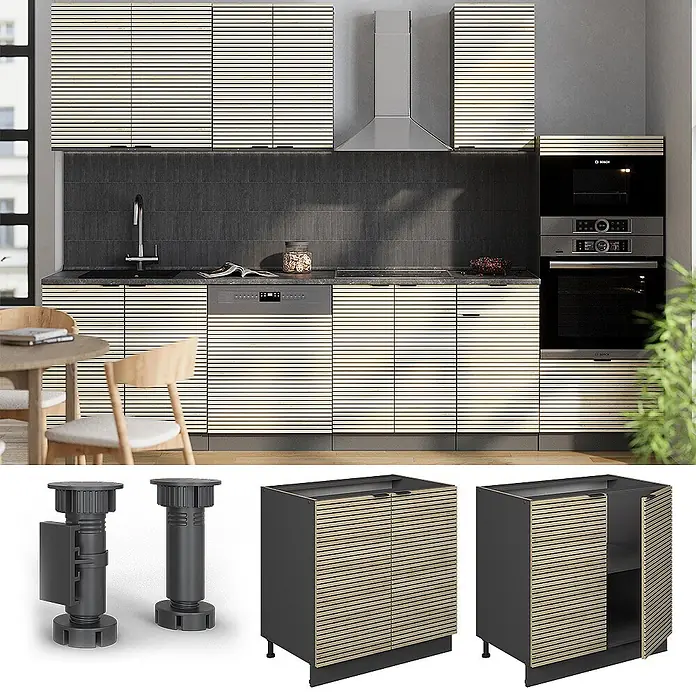 Vicco Schrankküche Fame-Line Eiche Paneel mit Regal, ohne Arbeitsplatte - Eiche Paneel, Unterschrank 80 cm - Moderne Küche mit hellen, horizontal geriffelten Schränken, dunklen Arbeitsplatten und integrierten Geräten. Inkl. Unter- und Oberschränke.