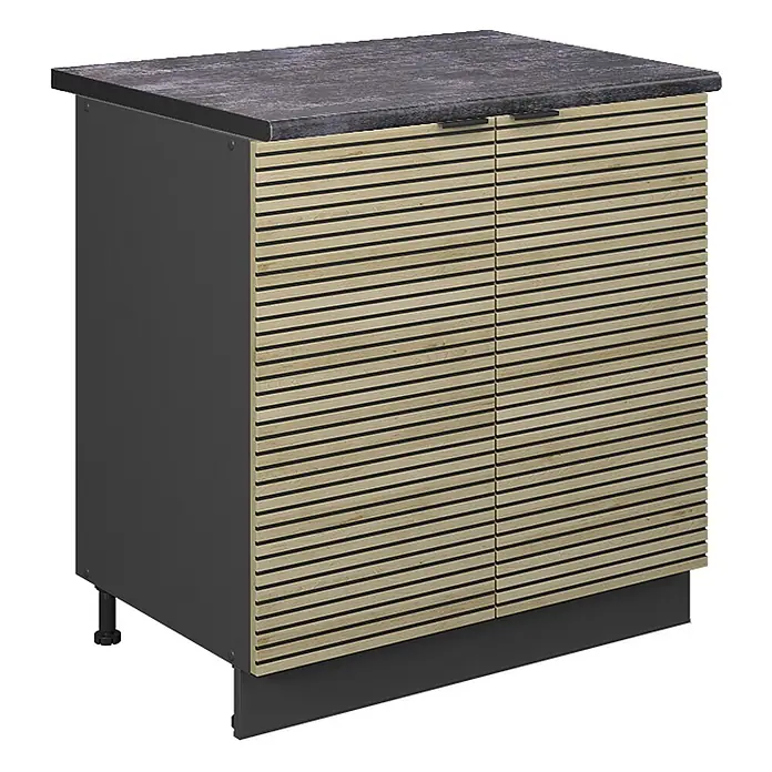 Vicco Schrankküche Fame-Line Eiche Paneel mit Regal, AP Anthrazit - Eiche Paneel, Unterschrank 80 cm, AP Anthrazit - Moderner Aufbewahrungsschrank mit dunkelgrauem Korpus, hellen Holzlamellentüren und dunkler, texturierter Arbeitsplatte.