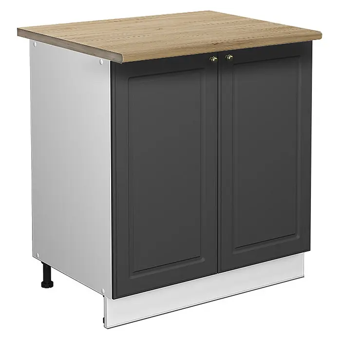 Vicco Schrankküche Fame-Line Anthrazit-Gold mit Regal, AP Eiche - Anthrazit-Gold, Unterschrank 80 cm, AP Eiche - Küchenunterschrank mit heller Holzplatte, dunkelgrauen Türen mit goldenen Knöpfen und weißen Seitenwänden.