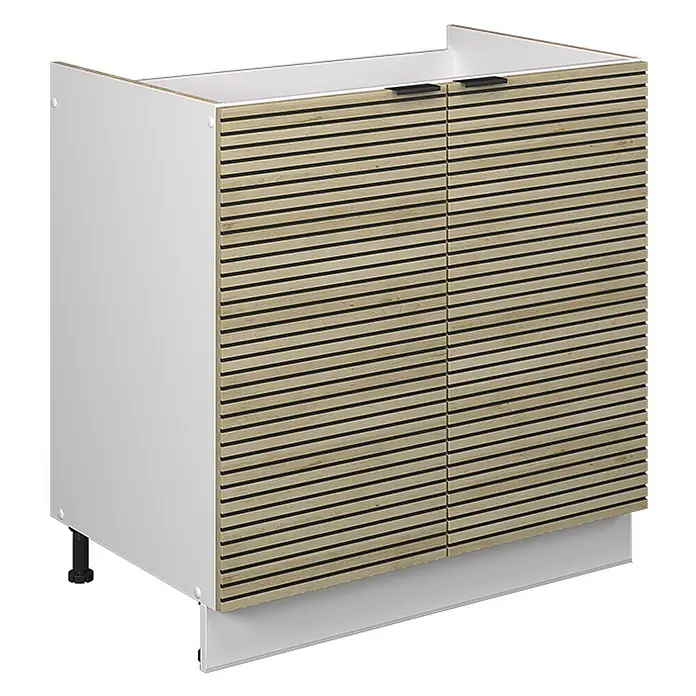 Vicco Schrankküche Fame-Line Eiche Paneel ohne Arbeitsplatte - Eiche Paneel, Spülenunterschrank 80 cm - Weißer Unterschrank mit Türen aus Holzlamellen und schwarzen Griffen.