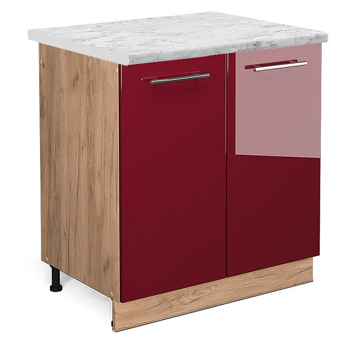 Vicco Schrankküche Fame-Line Bordeaux Hochglanz, AP Marmor - Bordeaux Hochglanz, Spülenunterschrank 80 cm, AP Marmor - Küchenunterschrank mit weißer Marmoroptik-Arbeitsplatte, hellem Holzdekor und zwei hochglänzenden weinroten Türen mit silbernen Griffen.