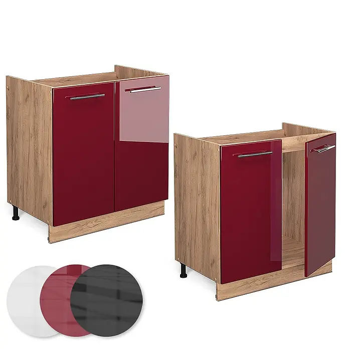 Vicco Schrankküche Fame-Line Bordeaux Hochglanz, AP Eiche - Bordeaux Hochglanz, Spülenunterschrank 80 cm, AP Eiche - Zwei Küchenunterschränke in Holzoptik mit glänzend roten Türen, einer offen. Farbmuster inklusive.