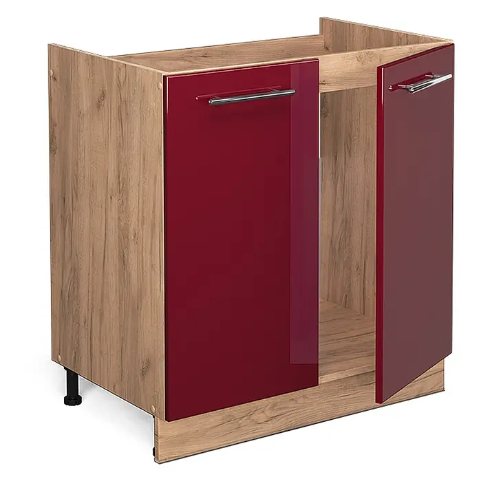 Vicco Schrankküche Fame-Line Bordeaux Hochglanz, AP Eiche - Bordeaux Hochglanz, Spülenunterschrank 80 cm, AP Eiche - Küchenunterschrank in Holzoptik mit zwei glänzend roten Türen, eine leicht geöffnet, und Metallgriffen.
