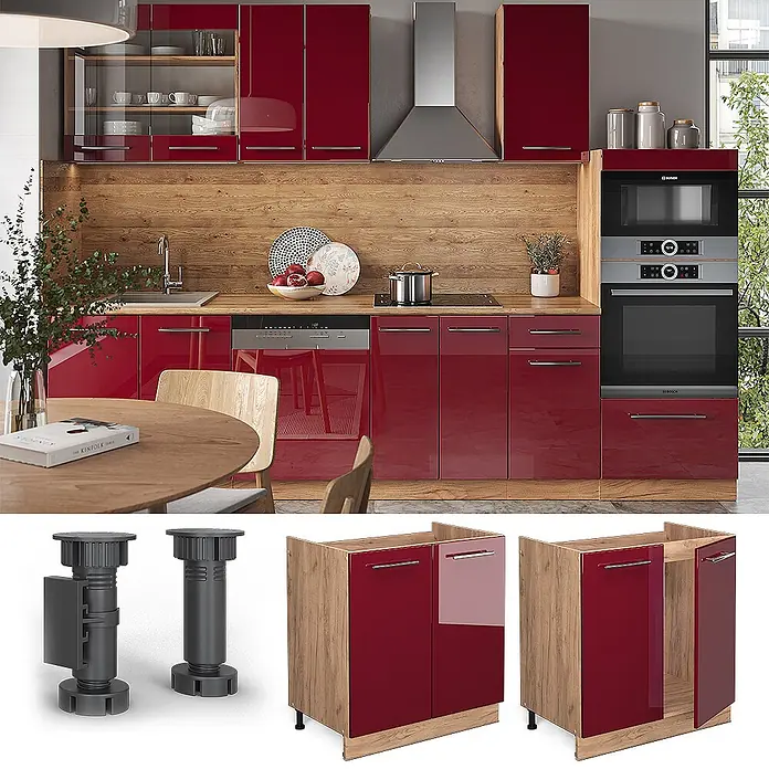 Vicco Schrankküche Fame-Line Bordeaux Hochglanz, AP Eiche - Bordeaux Hochglanz, Spülenunterschrank 80 cm, AP Eiche - Moderne Küche mit glänzenden roten Schranktüren, Holzarbeitsplatten, integrierten Geräten und verstellbaren Unterschrankfüßen.